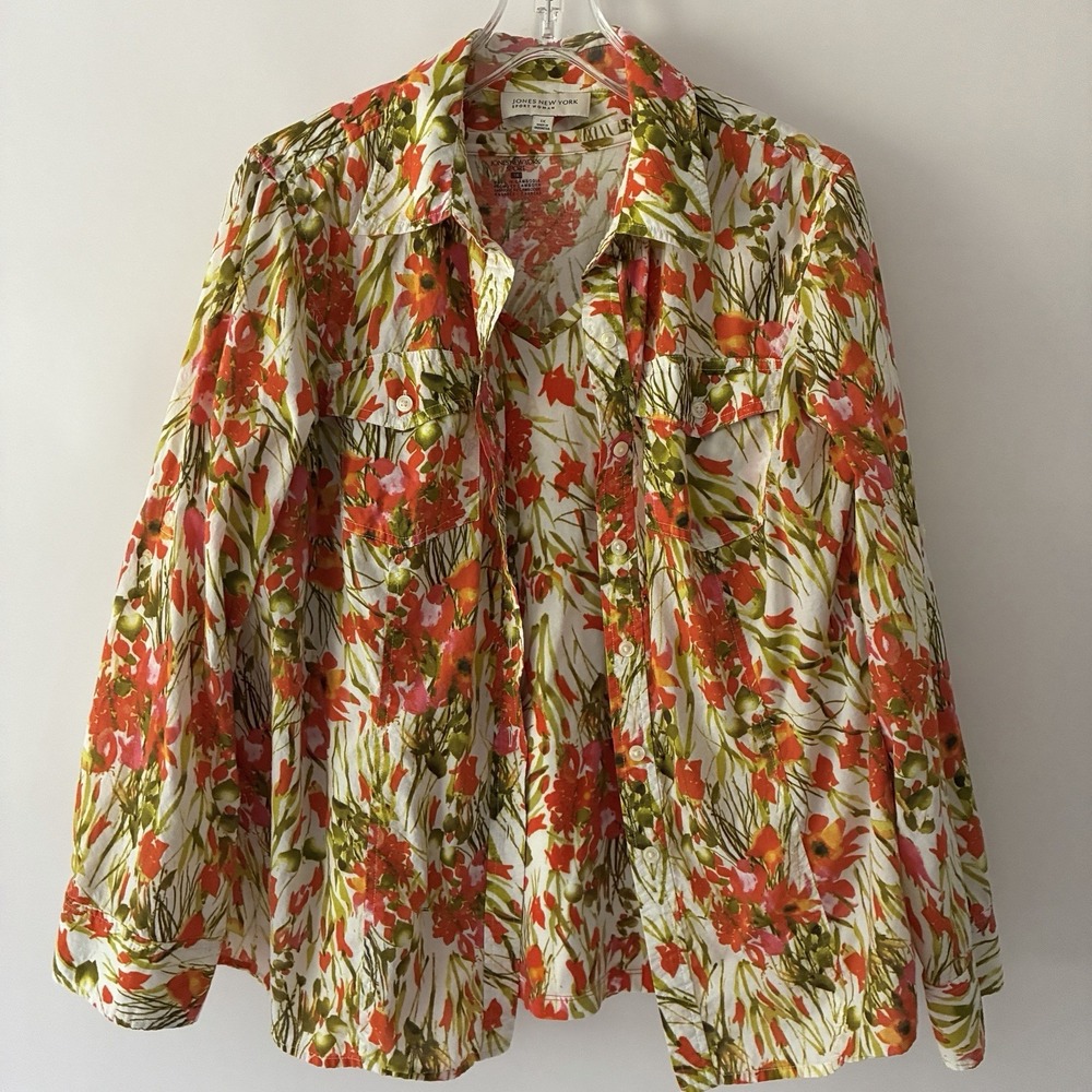 Jones New York Size 1X Knit Tee Button Up Blouse 2 Pc Set Layering Floral Bright